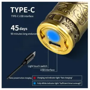Patillera inalámbrica color dorado con grabados, detalle del conector USB tipo C, interruptor y puerto de carga en la base.